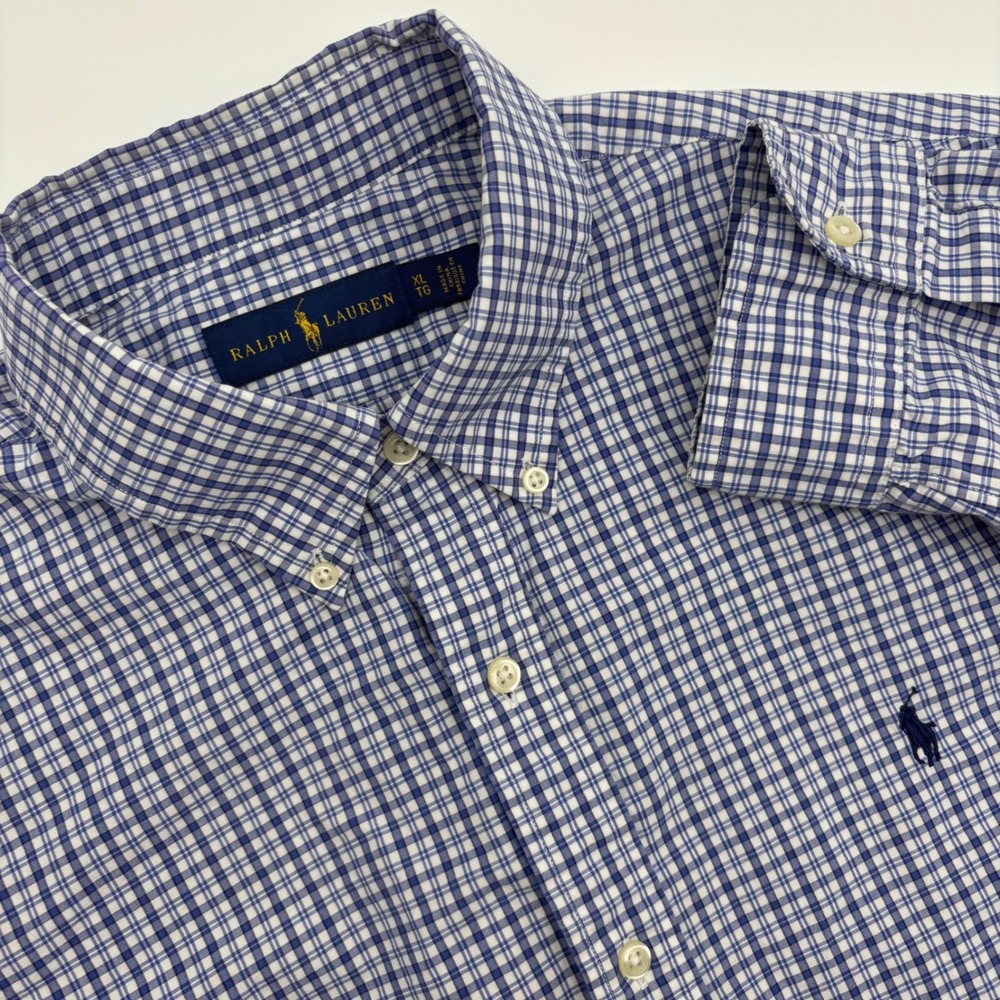 Ralph Lauren Mens Button Down Shirt XL Gingham Check Blue White Polo Pony Logo